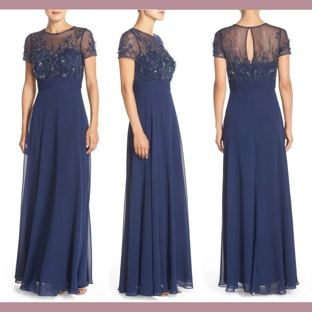 NWT JS Collections [ 0 or 2 ] Embellished Mesh & Chiffon‎ Gown in Navy Blue